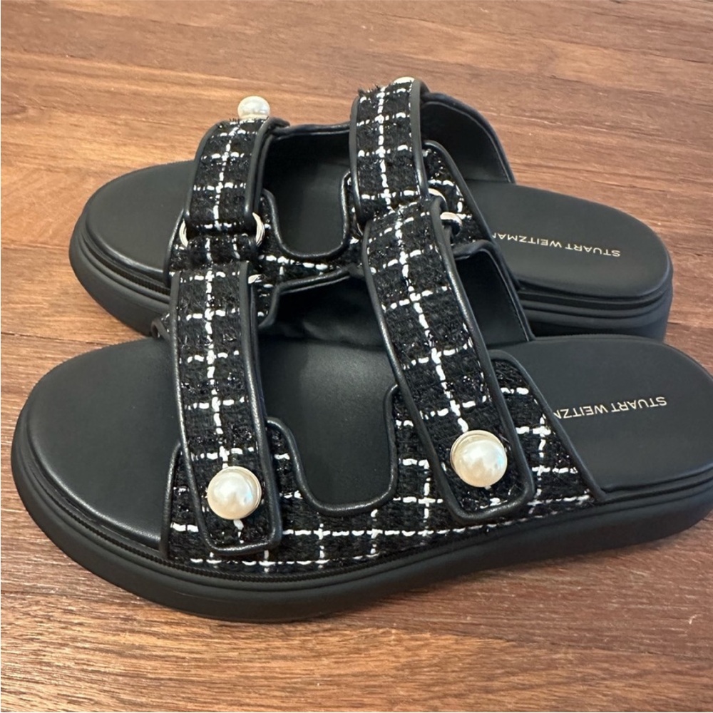 Stuart Weitzman Tweed Pearl Platform Slide Sandals Black White Size 7.5 NIB - Picture 6 of 11